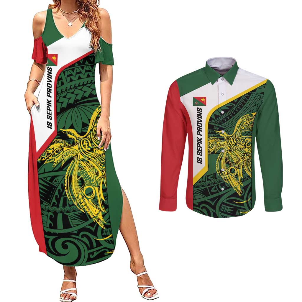 Personalised PNG East Sepik Province Couples Matching Summer Maxi Dress and Long Sleeve Button Shirt Bird of Paradise Tattoo Flag Motif LT9 Green - Polynesian Pride
