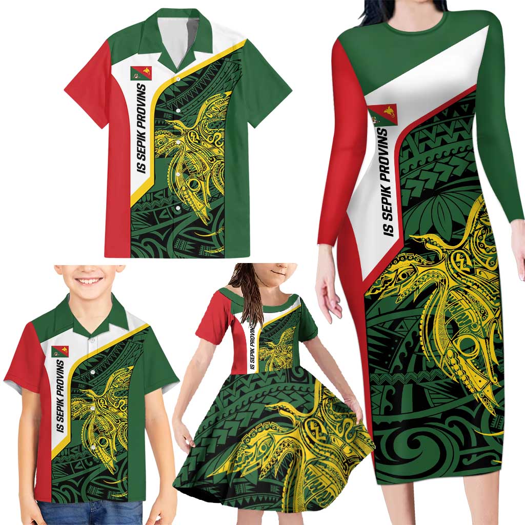Personalised PNG East Sepik Province Family Matching Long Sleeve Bodycon Dress and Hawaiian Shirt Bird of Paradise Tattoo Flag Motif LT9 - Polynesian Pride