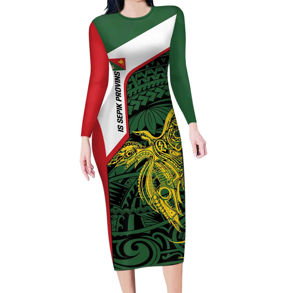 Personalised PNG East Sepik Province Family Matching Long Sleeve Bodycon Dress and Hawaiian Shirt Bird of Paradise Tattoo Flag Motif LT9 Mom's Dress Green - Polynesian Pride