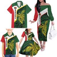 Personalised PNG East Sepik Province Family Matching Off The Shoulder Long Sleeve Dress and Hawaiian Shirt Bird of Paradise Tattoo Flag Motif LT9 - Polynesian Pride