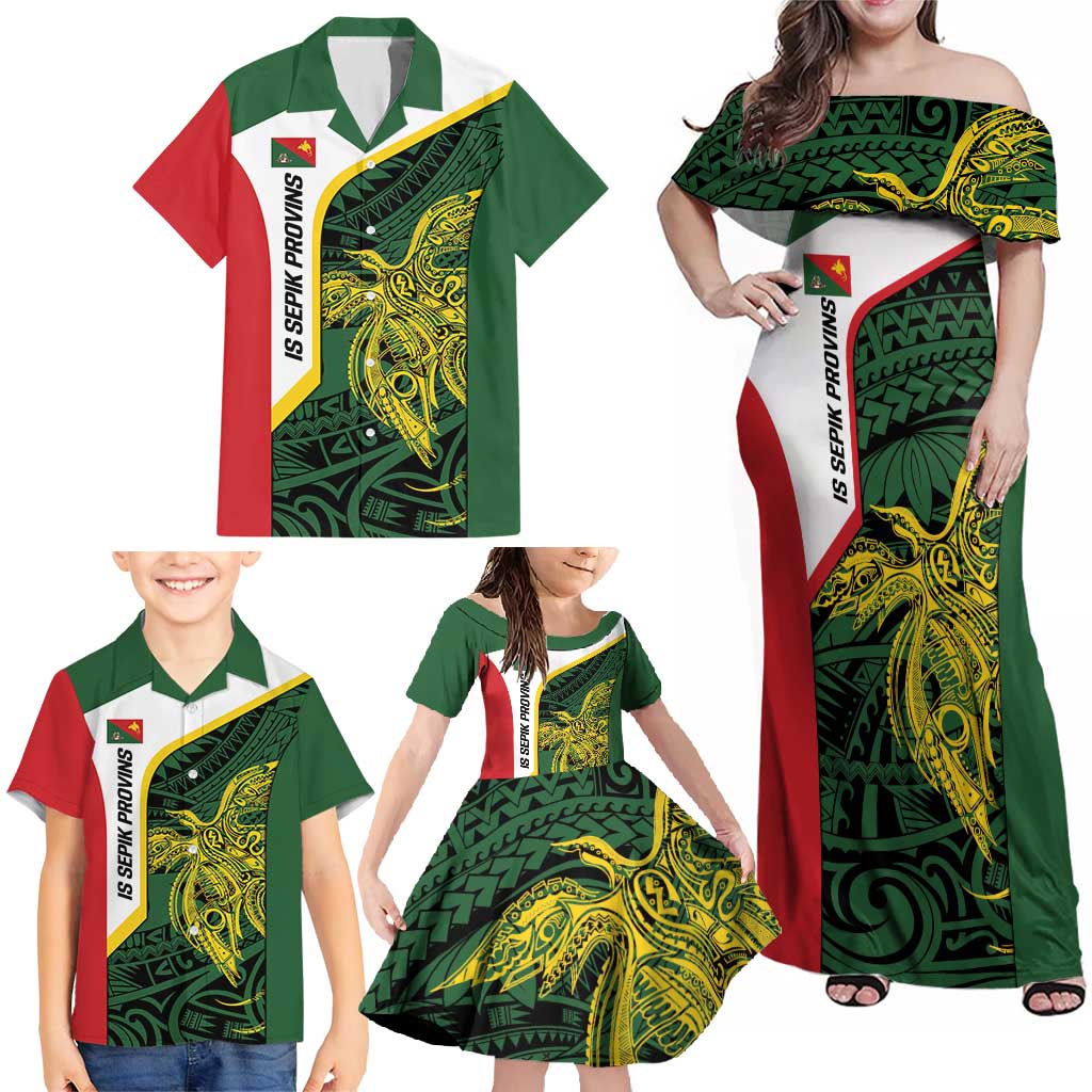 Personalised PNG East Sepik Province Family Matching Off Shoulder Maxi Dress and Hawaiian Shirt Bird of Paradise Tattoo Flag Motif LT9 - Polynesian Pride