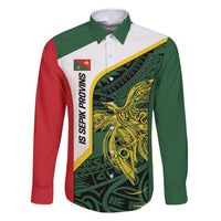 Personalised PNG East Sepik Province Family Matching Off Shoulder Maxi Dress and Hawaiian Shirt Bird of Paradise Tattoo Flag Motif LT9 Dad's Shirt - Long Sleeve Green - Polynesian Pride