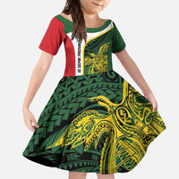 Personalised PNG East Sepik Province Family Matching Short Sleeve Bodycon Dress and Hawaiian Shirt Bird of Paradise Tattoo Flag Motif LT9 Daughter's Dress Green - Polynesian Pride