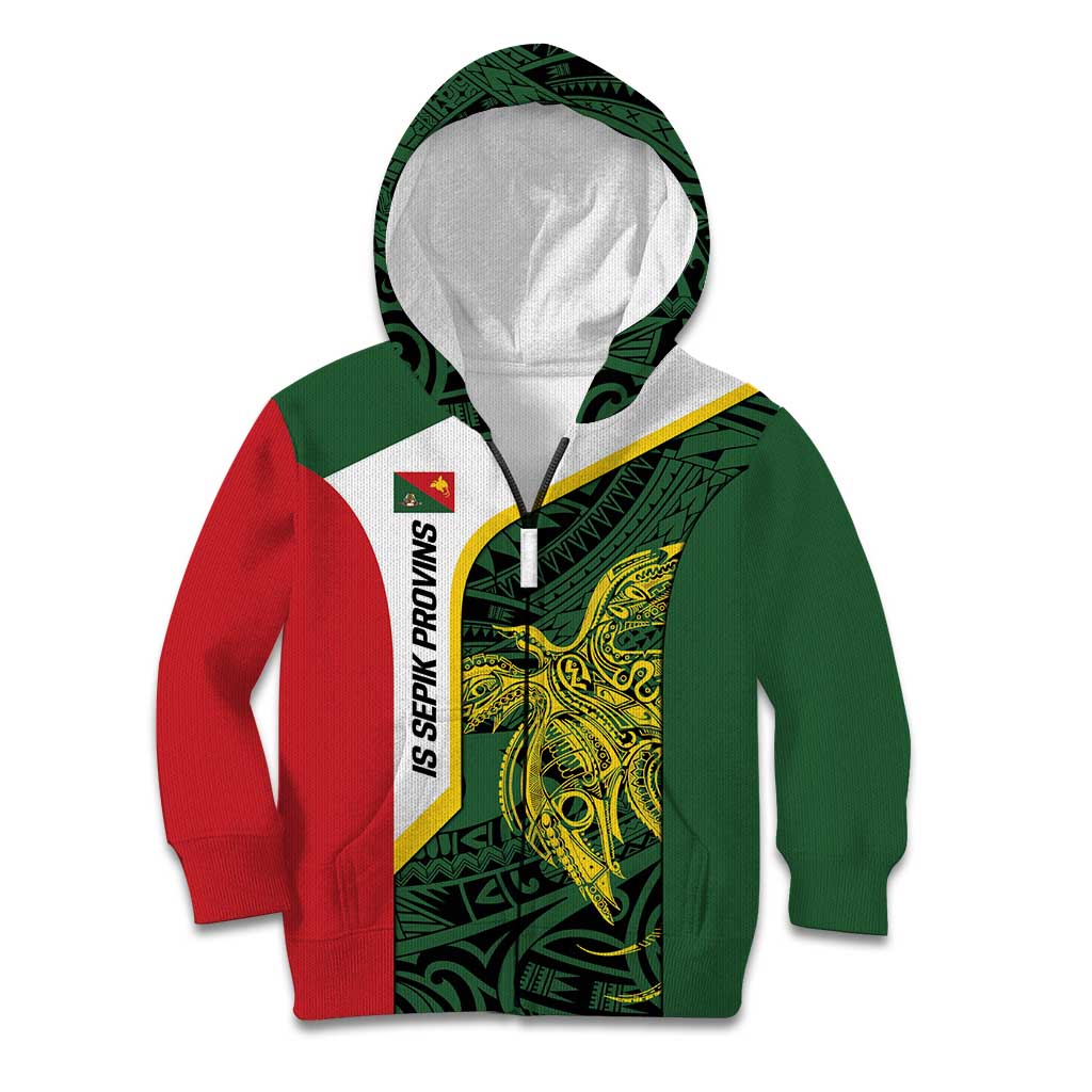 Personalised PNG East Sepik Province Kid Hoodie Bird of Paradise Tattoo Flag Motif LT9 Zip Hoodie Green - Polynesian Pride