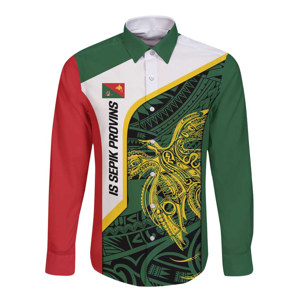 Personalised PNG East Sepik Province Long Sleeve Button Shirt Bird of Paradise Tattoo Flag Motif LT9 Unisex Green - Polynesian Pride