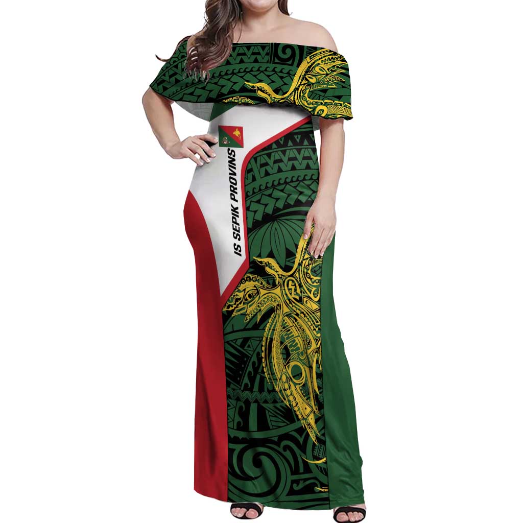 Personalised PNG East Sepik Province Off Shoulder Maxi Dress Bird of Paradise Tattoo Flag Motif LT9 Women Green - Polynesian Pride