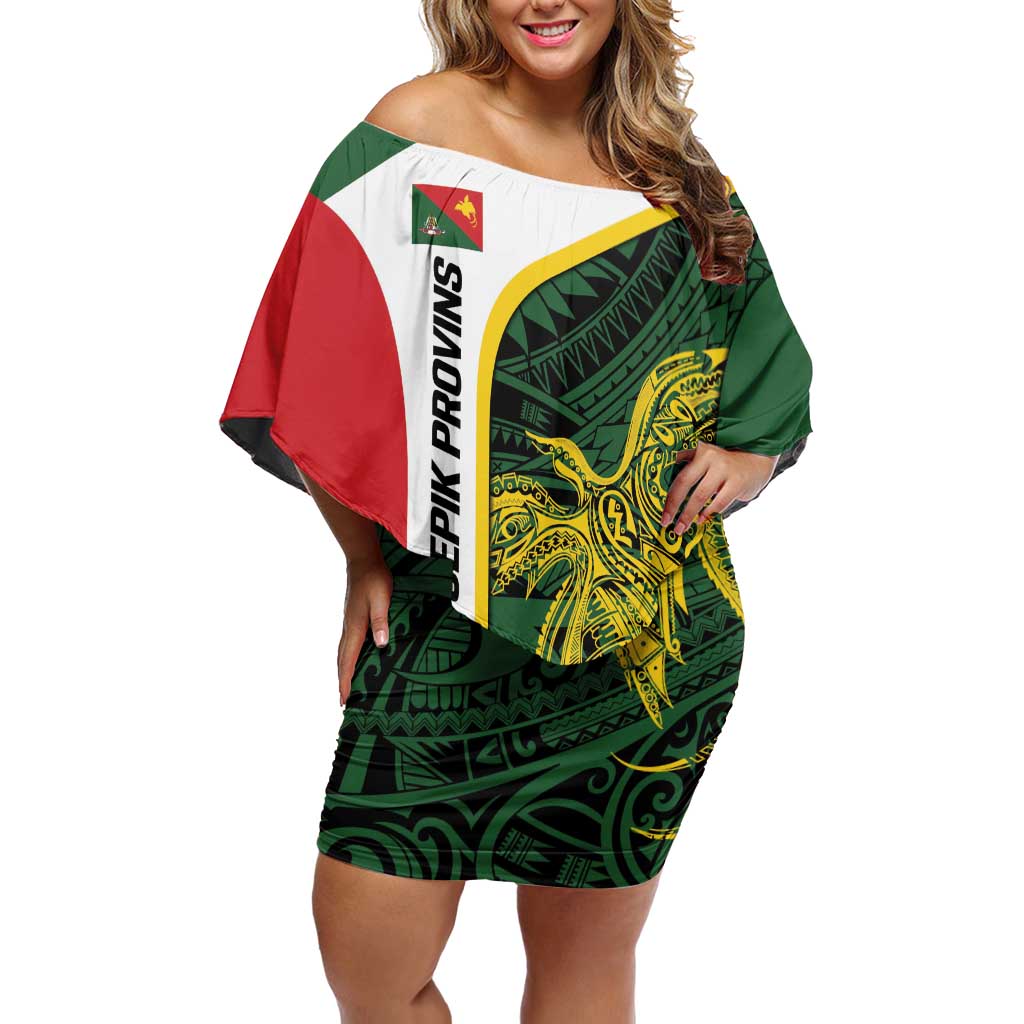 Personalised PNG East Sepik Province Off Shoulder Short Dress Bird of Paradise Tattoo Flag Motif LT9 Women Green - Polynesian Pride