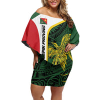 Personalised PNG East Sepik Province Off Shoulder Short Dress Bird of Paradise Tattoo Flag Motif LT9 Women Green - Polynesian Pride
