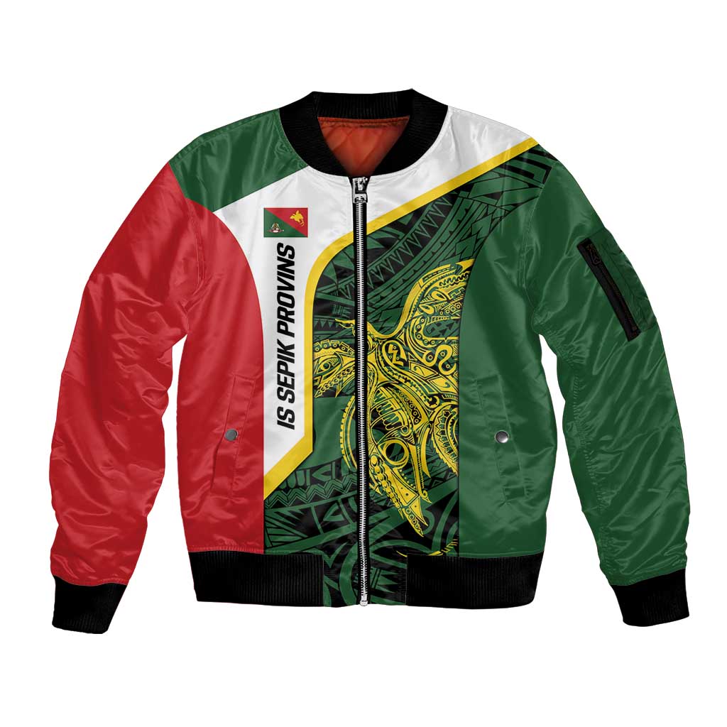 Personalised PNG East Sepik Province Sleeve Zip Bomber Jacket Bird of Paradise Tattoo Flag Motif LT9 Unisex Green - Polynesian Pride