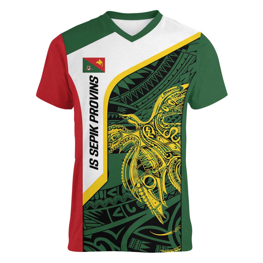 Personalised PNG East Sepik Province Women V-Neck T-Shirt Bird of Paradise Tattoo Flag Motif LT9 Female Green - Polynesian Pride