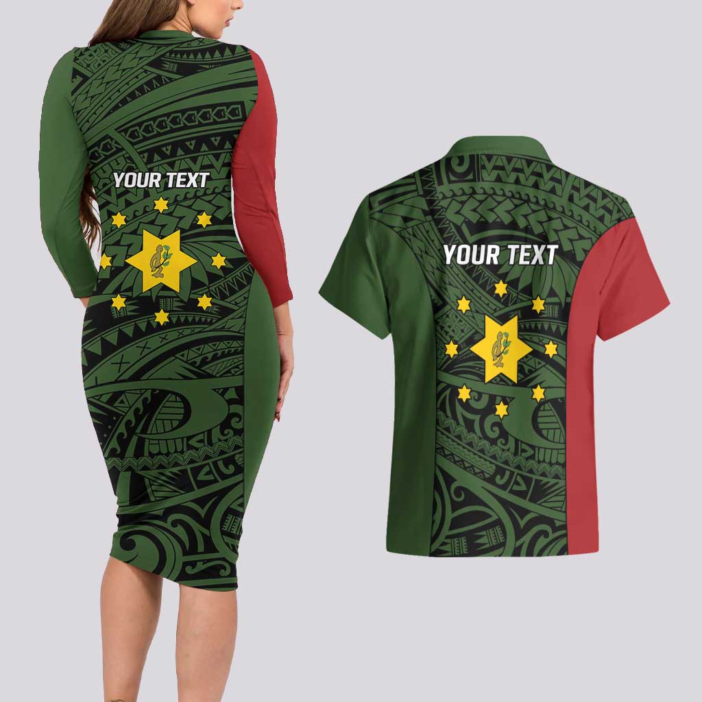 Personalised PNG Eastern Highlands Couples Matching Long Sleeve Bodycon Dress and Hawaiian Shirt Bird of Paradise Tattoo Flag Motif LT9 - Polynesian Pride