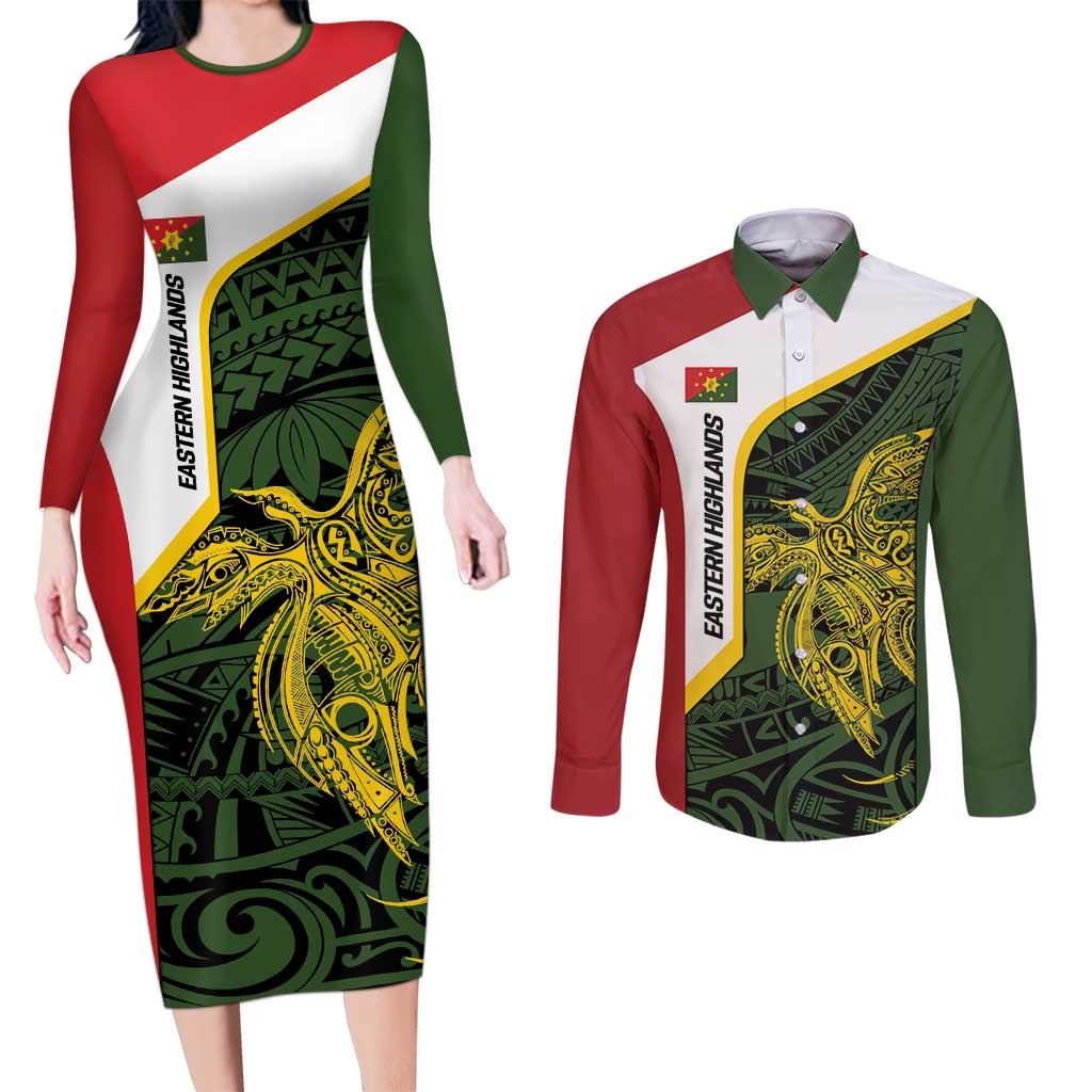 Personalised PNG Eastern Highlands Couples Matching Long Sleeve Bodycon Dress and Long Sleeve Button Shirt Bird of Paradise Tattoo Flag Motif LT9 Green - Polynesian Pride