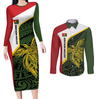Personalised PNG Eastern Highlands Couples Matching Long Sleeve Bodycon Dress and Long Sleeve Button Shirt Bird of Paradise Tattoo Flag Motif LT9 Green - Polynesian Pride