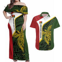 Personalised PNG Eastern Highlands Couples Matching Off Shoulder Maxi Dress and Hawaiian Shirt Bird of Paradise Tattoo Flag Motif LT9 Green - Polynesian Pride
