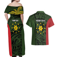 Personalised PNG Eastern Highlands Couples Matching Off Shoulder Maxi Dress and Hawaiian Shirt Bird of Paradise Tattoo Flag Motif LT9 - Polynesian Pride