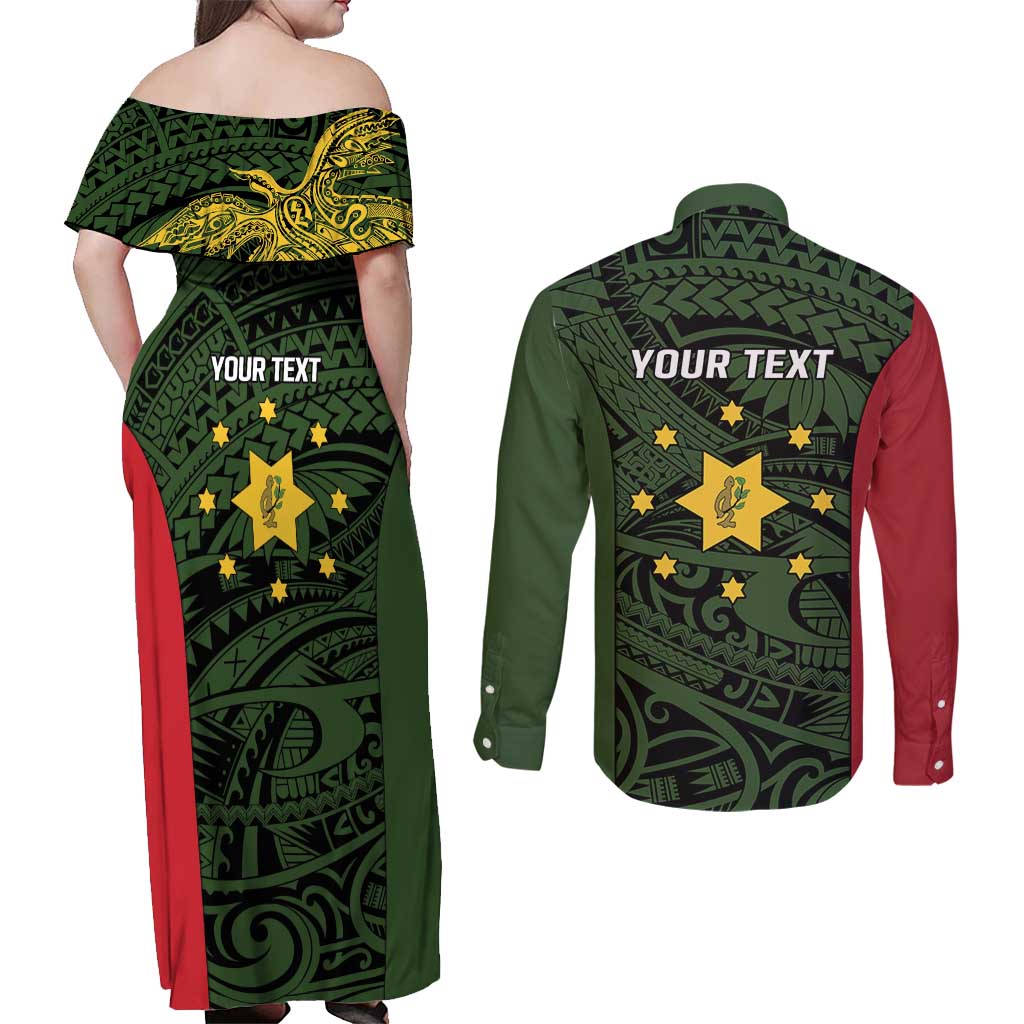 Personalised PNG Eastern Highlands Couples Matching Off Shoulder Maxi Dress and Long Sleeve Button Shirt Bird of Paradise Tattoo Flag Motif LT9 - Polynesian Pride