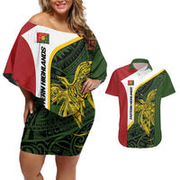 Personalised PNG Eastern Highlands Couples Matching Off Shoulder Short Dress and Hawaiian Shirt Bird of Paradise Tattoo Flag Motif LT9 Green - Polynesian Pride