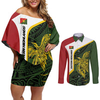 Personalised PNG Eastern Highlands Couples Matching Off Shoulder Short Dress and Long Sleeve Button Shirt Bird of Paradise Tattoo Flag Motif LT9 Green - Polynesian Pride