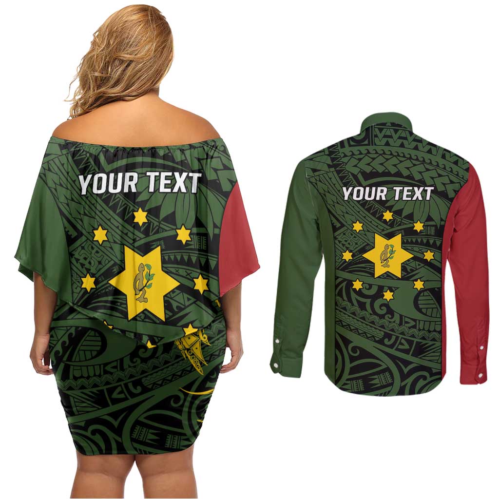 Personalised PNG Eastern Highlands Couples Matching Off Shoulder Short Dress and Long Sleeve Button Shirt Bird of Paradise Tattoo Flag Motif LT9 - Polynesian Pride