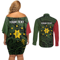 Personalised PNG Eastern Highlands Couples Matching Off Shoulder Short Dress and Long Sleeve Button Shirt Bird of Paradise Tattoo Flag Motif LT9 - Polynesian Pride