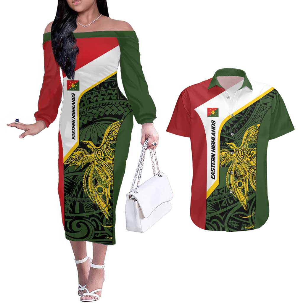 Personalised PNG Eastern Highlands Couples Matching Off The Shoulder Long Sleeve Dress and Hawaiian Shirt Bird of Paradise Tattoo Flag Motif LT9 Green - Polynesian Pride
