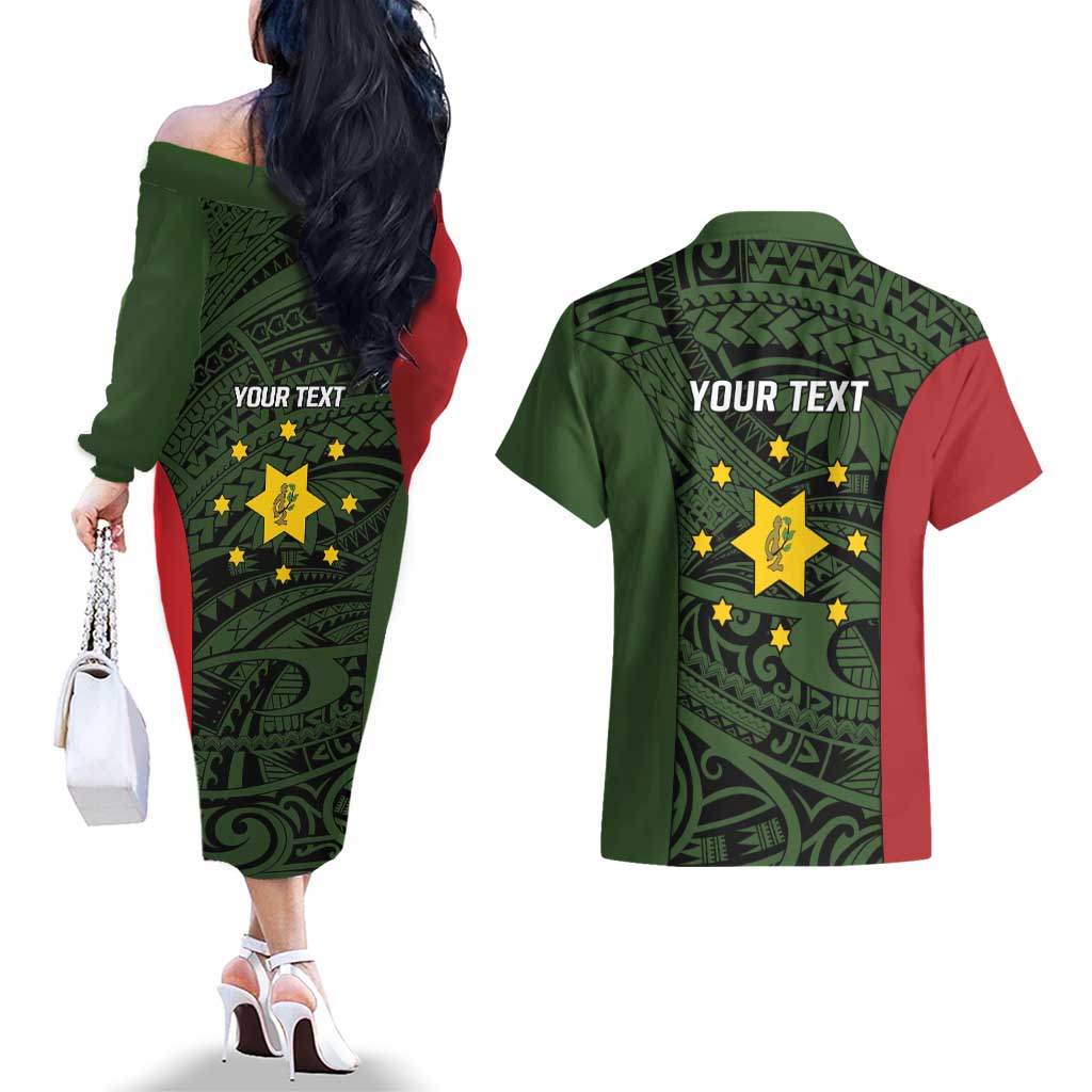 Personalised PNG Eastern Highlands Couples Matching Off The Shoulder Long Sleeve Dress and Hawaiian Shirt Bird of Paradise Tattoo Flag Motif LT9 - Polynesian Pride