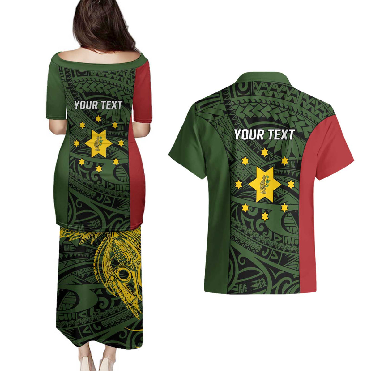 Personalised PNG Eastern Highlands Couples Matching Puletasi and Hawaiian Shirt Bird of Paradise Tattoo Flag Motif LT9 - Polynesian Pride