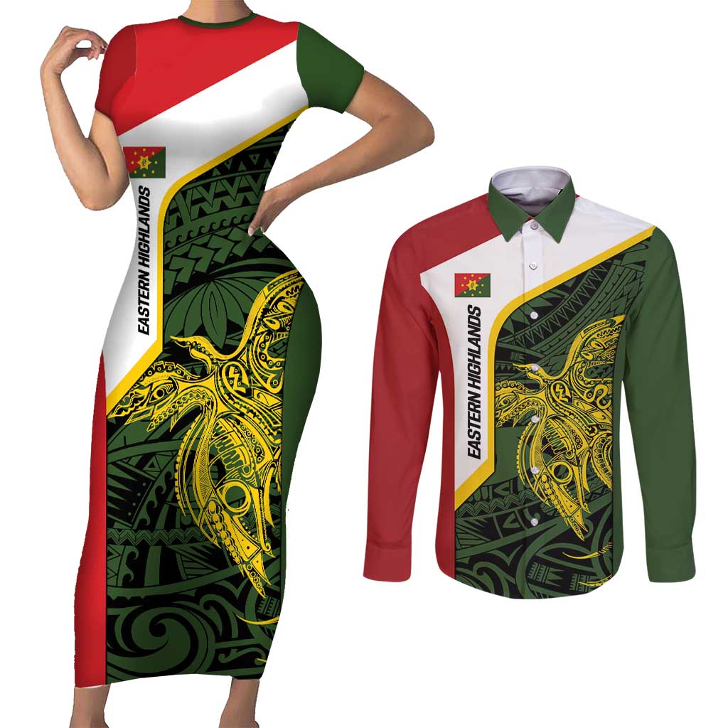 Personalised PNG Eastern Highlands Couples Matching Short Sleeve Bodycon Dress and Long Sleeve Button Shirt Bird of Paradise Tattoo Flag Motif LT9 Green - Polynesian Pride
