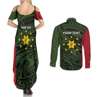 Personalised PNG Eastern Highlands Couples Matching Summer Maxi Dress and Long Sleeve Button Shirt Bird of Paradise Tattoo Flag Motif LT9 - Polynesian Pride