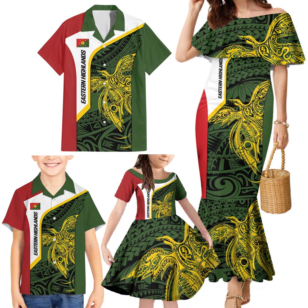 Personalised PNG Eastern Highlands Family Matching Mermaid Dress and Hawaiian Shirt Bird of Paradise Tattoo Flag Motif LT9 - Polynesian Pride
