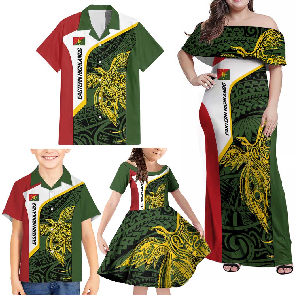 Personalised PNG Eastern Highlands Family Matching Off Shoulder Maxi Dress and Hawaiian Shirt Bird of Paradise Tattoo Flag Motif LT9 - Polynesian Pride