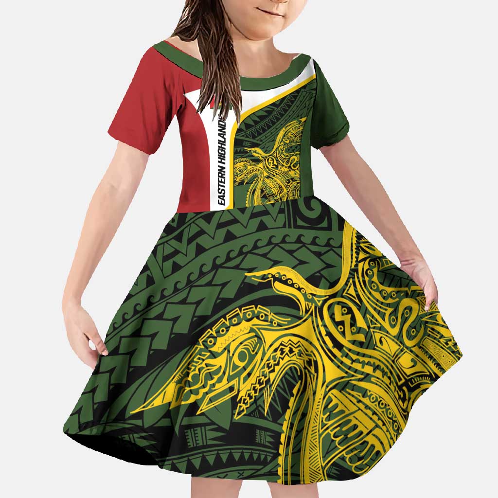 Personalised PNG Eastern Highlands Family Matching Summer Maxi Dress and Hawaiian Shirt Bird of Paradise Tattoo Flag Motif LT9 Daughter's Dress Green - Polynesian Pride