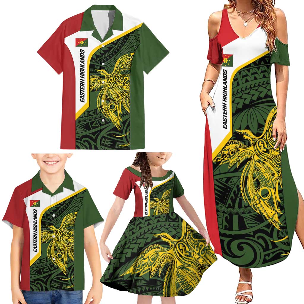 Personalised PNG Eastern Highlands Family Matching Summer Maxi Dress and Hawaiian Shirt Bird of Paradise Tattoo Flag Motif LT9 - Polynesian Pride