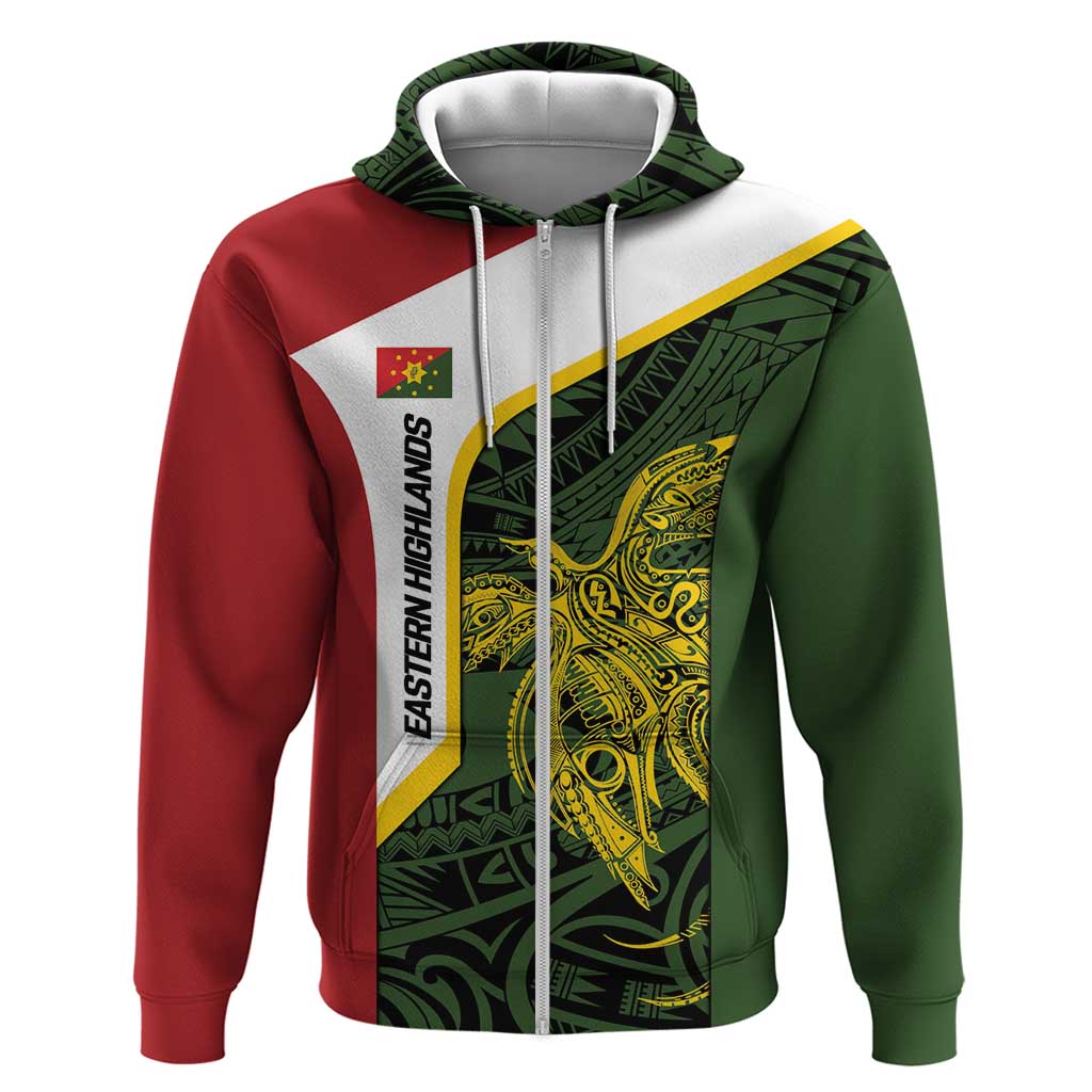 Personalised PNG Eastern Highlands Hoodie Bird of Paradise Tattoo Flag Motif LT9 Zip Hoodie Green - Polynesian Pride