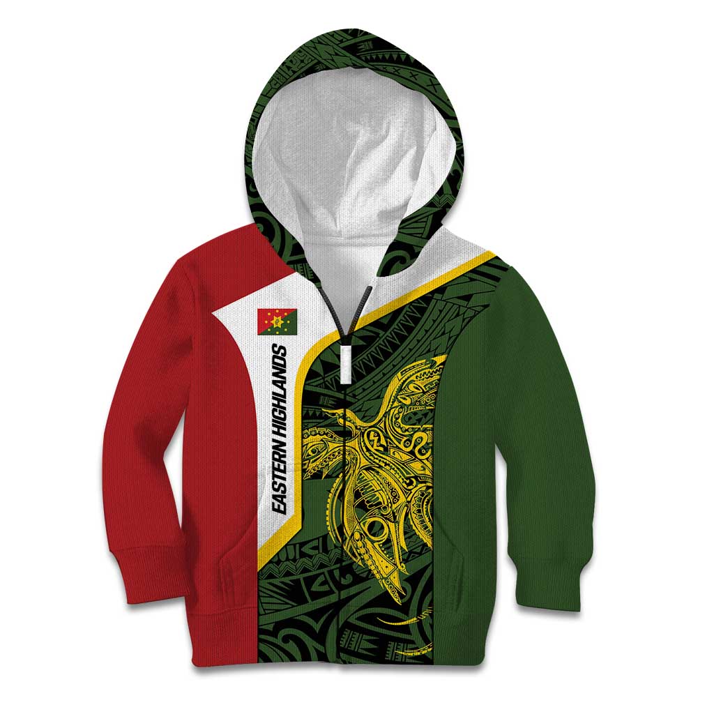 Personalised PNG Eastern Highlands Kid Hoodie Bird of Paradise Tattoo Flag Motif LT9 Zip Hoodie Green - Polynesian Pride