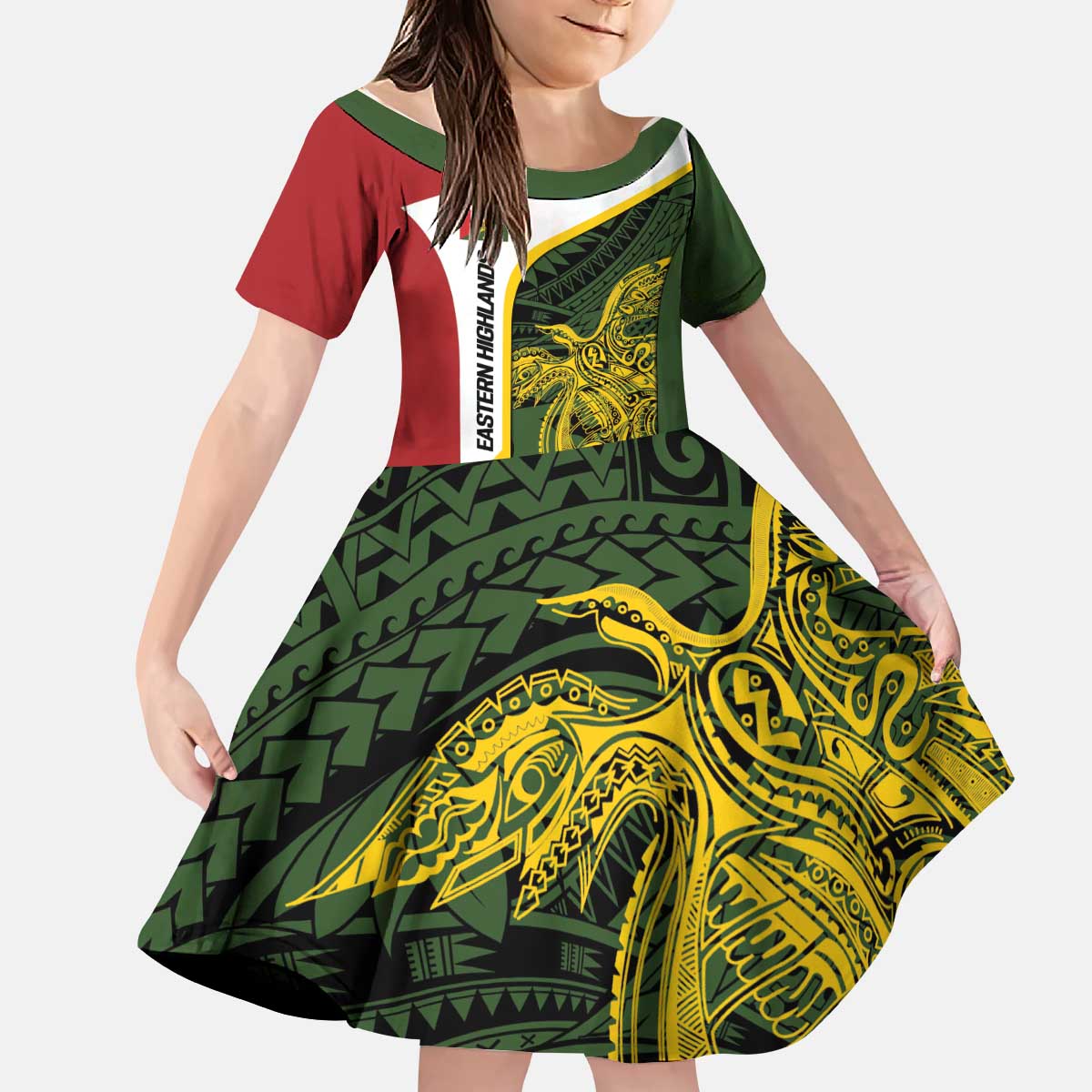 Personalised PNG Eastern Highlands Kid Short Sleeve Dress Bird of Paradise Tattoo Flag Motif LT9 KID Green - Polynesian Pride