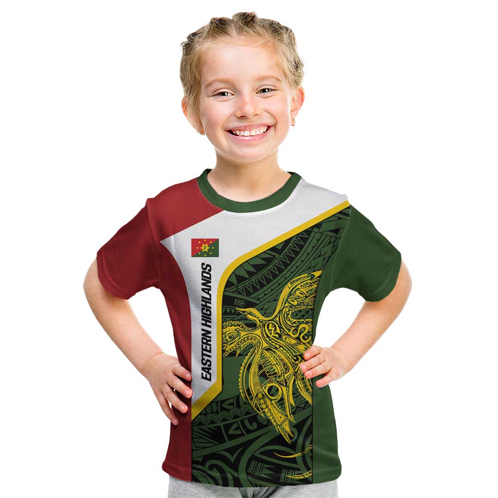 Personalised PNG Eastern Highlands Kid T Shirt Bird of Paradise Tattoo Flag Motif LT9 Green - Polynesian Pride