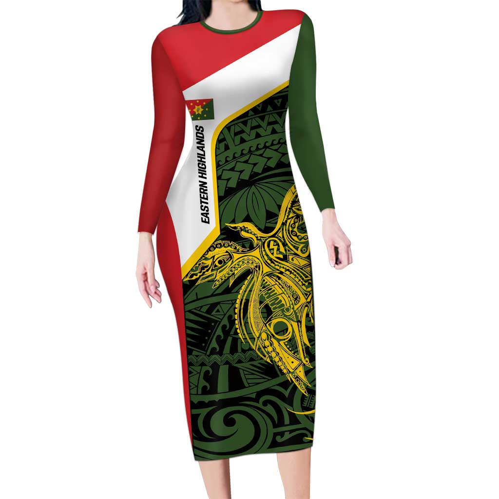 Personalised PNG Eastern Highlands Long Sleeve Bodycon Dress Bird of Paradise Tattoo Flag Motif LT9 Long Dress Green - Polynesian Pride