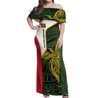 Personalised PNG Eastern Highlands Off Shoulder Maxi Dress Bird of Paradise Tattoo Flag Motif LT9 Women Green - Polynesian Pride