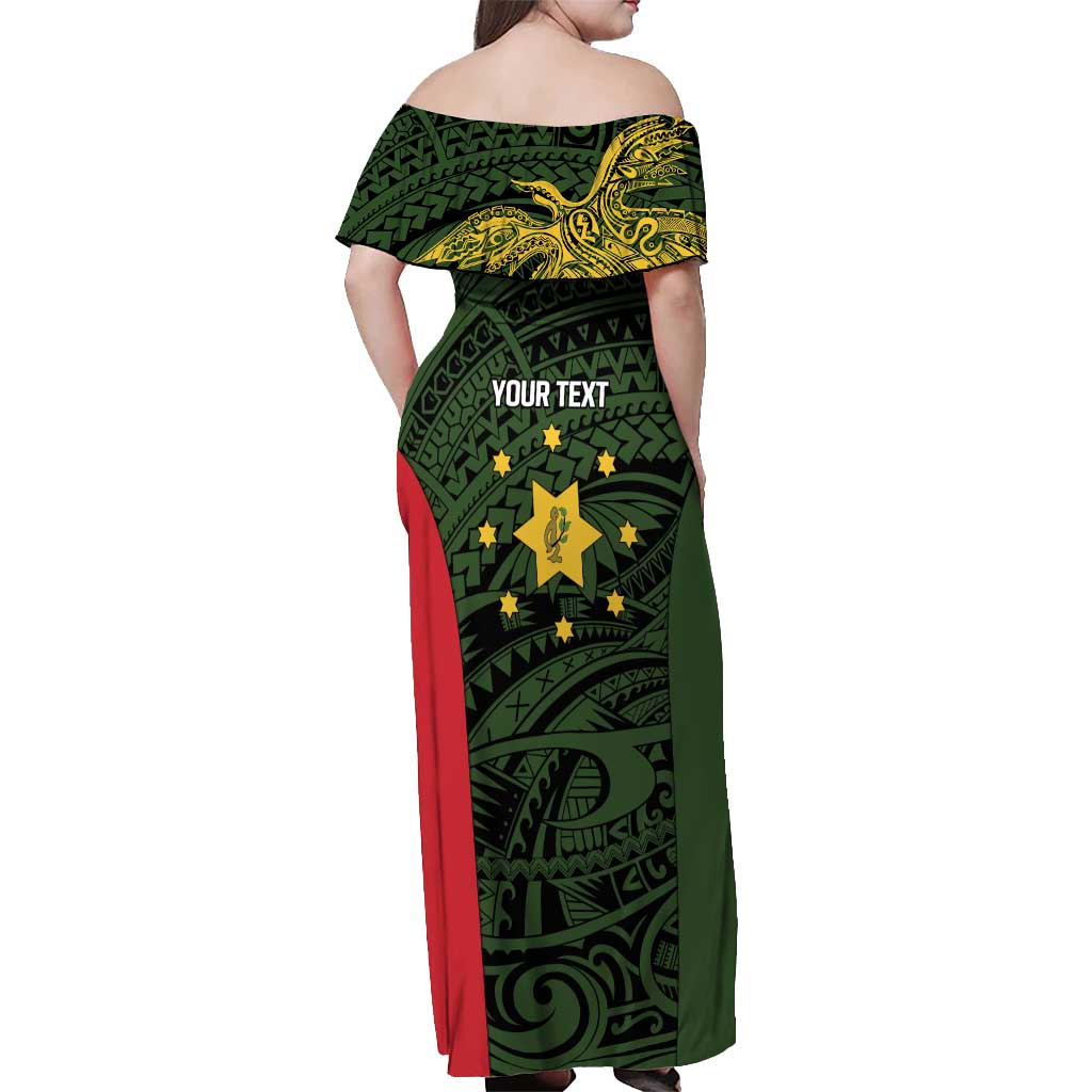 Personalised PNG Eastern Highlands Off Shoulder Maxi Dress Bird of Paradise Tattoo Flag Motif LT9 - Polynesian Pride
