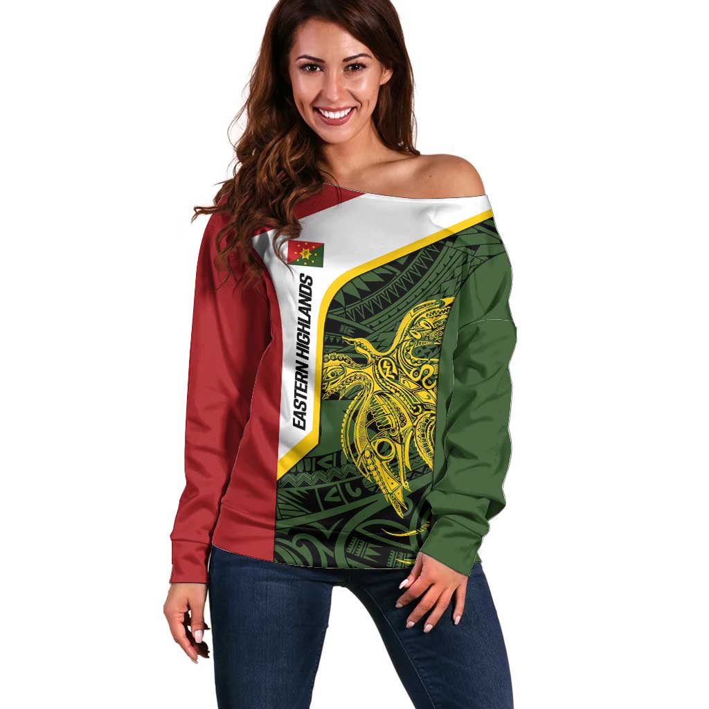 Personalised PNG Eastern Highlands Off Shoulder Sweater Bird of Paradise Tattoo Flag Motif LT9 Women Green - Polynesian Pride