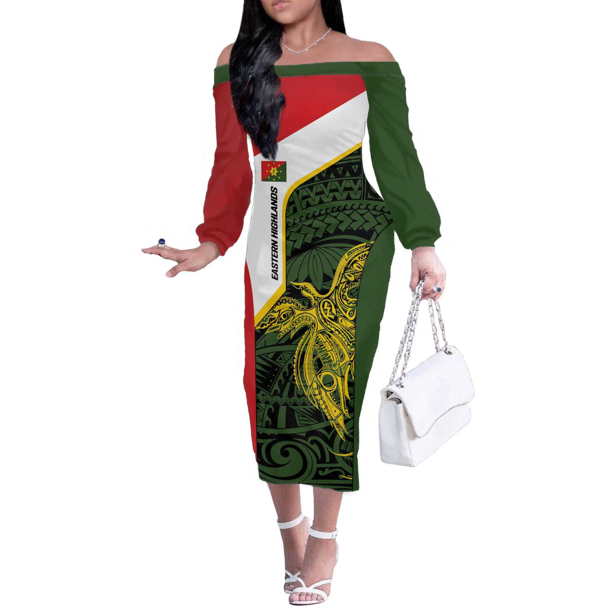 Personalised PNG Eastern Highlands Off The Shoulder Long Sleeve Dress Bird of Paradise Tattoo Flag Motif LT9 Women Green - Polynesian Pride