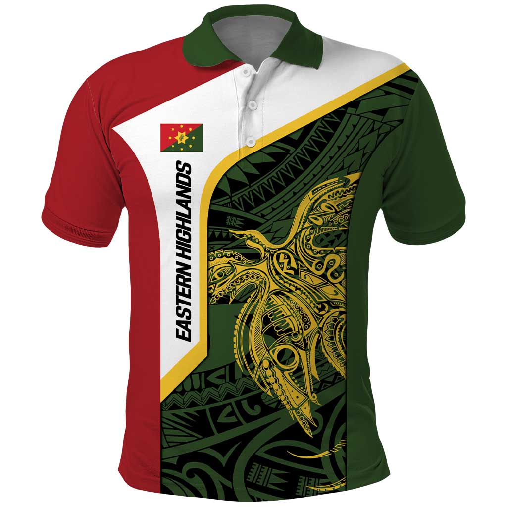 Personalised PNG Eastern Highlands Polo Shirt Bird of Paradise Tattoo Flag Motif LT9 Green - Polynesian Pride
