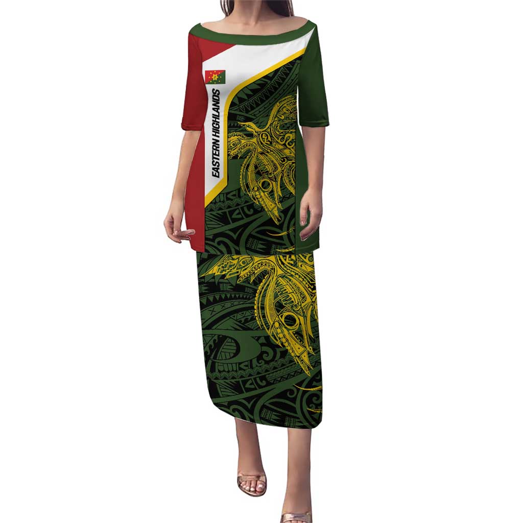 Personalised PNG Eastern Highlands Puletasi Bird of Paradise Tattoo Flag Motif LT9 Long Dress Green - Polynesian Pride
