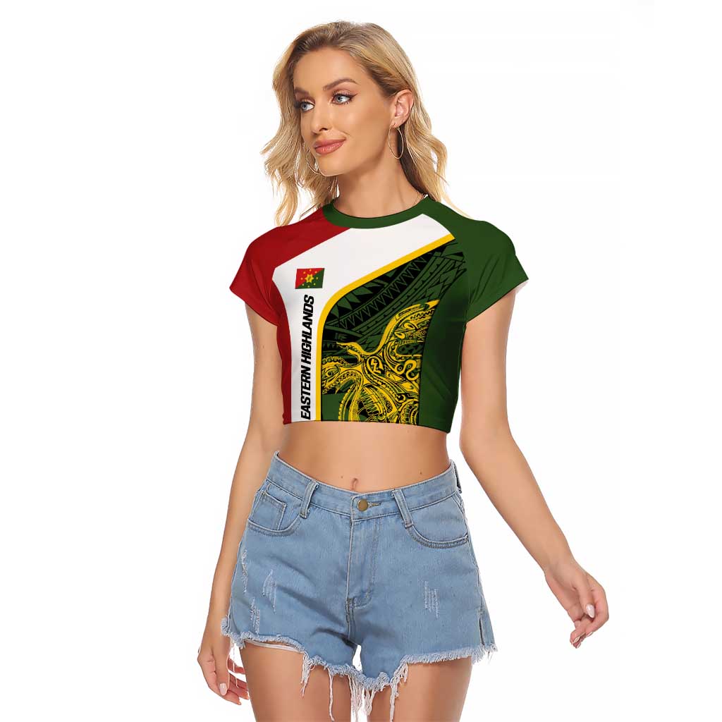 Personalised PNG Eastern Highlands Raglan Cropped T Shirt Bird of Paradise Tattoo Flag Motif LT9 Female Green - Polynesian Pride