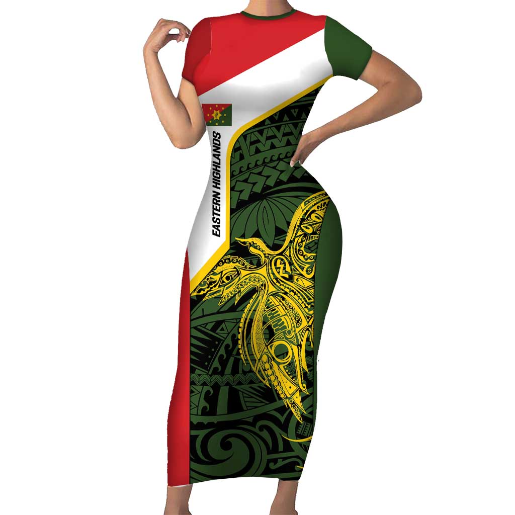 Personalised PNG Eastern Highlands Short Sleeve Bodycon Dress Bird of Paradise Tattoo Flag Motif LT9 Long Dress Green - Polynesian Pride