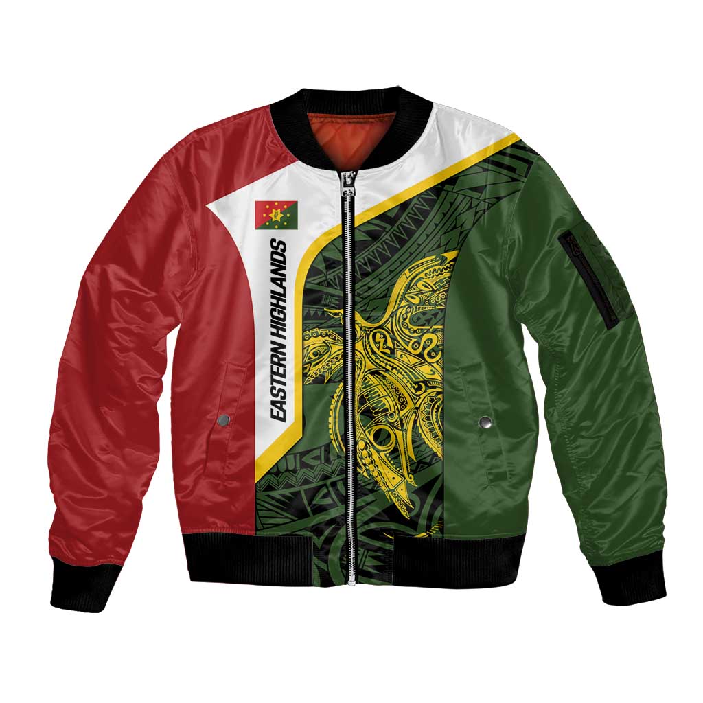 Personalised PNG Eastern Highlands Sleeve Zip Bomber Jacket Bird of Paradise Tattoo Flag Motif LT9 Unisex Green - Polynesian Pride