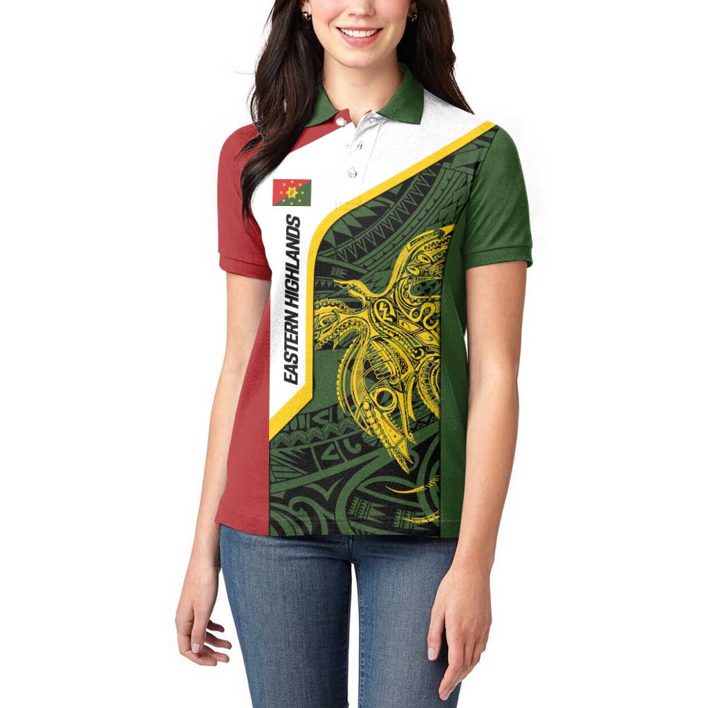 Personalised PNG Eastern Highlands Women Polo Shirt Bird of Paradise Tattoo Flag Motif LT9 - Polynesian Pride