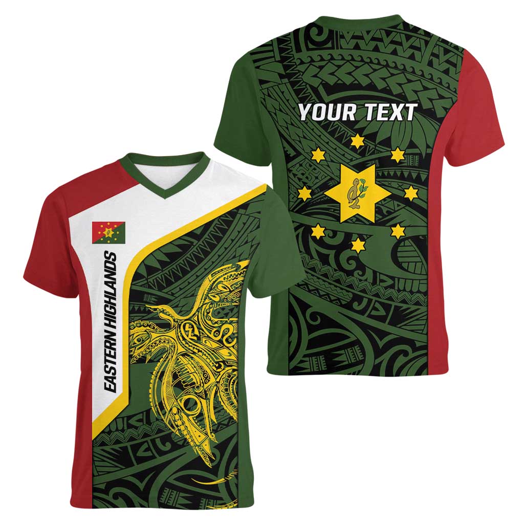 Personalised PNG Eastern Highlands Women V-Neck T-Shirt Bird of Paradise Tattoo Flag Motif LT9 - Polynesian Pride