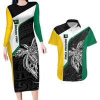 Personalised PNG Enga Province Couples Matching Long Sleeve Bodycon Dress and Hawaiian Shirt Bird of Paradise Tattoo Flag Motif LT9 Green - Polynesian Pride
